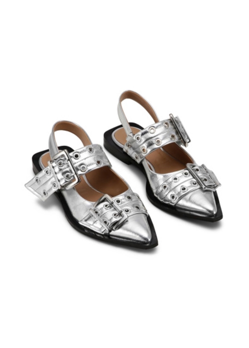 Feminine Buckle Ballerina Metallic Silver S2725 Ganni 