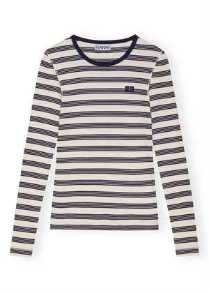 Striped soft cotton rib long sleeve tee Sky Captain T4145 Ganni 