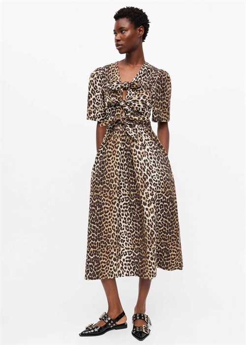 Printed cotton tie strap midi kjole Leopard W0373 Ganni 